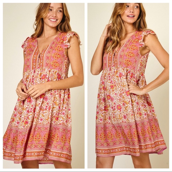 Sleeveless Floral Print Mix Boho Dress - Picture 5 of 8